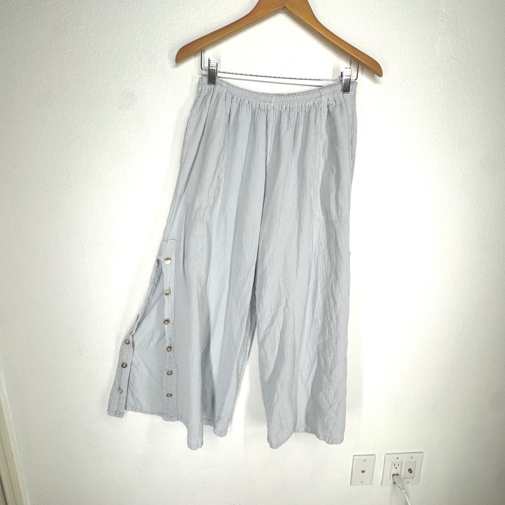 Cottonways Gauze Wide Leg Cropped Pants Button Split Hem Small‎ Boho Lagenlook
